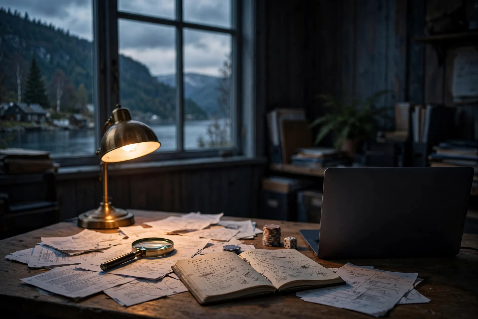 Arbeidsbord med notatbok, lupe og jetonger ved vindu mot norsk fjord