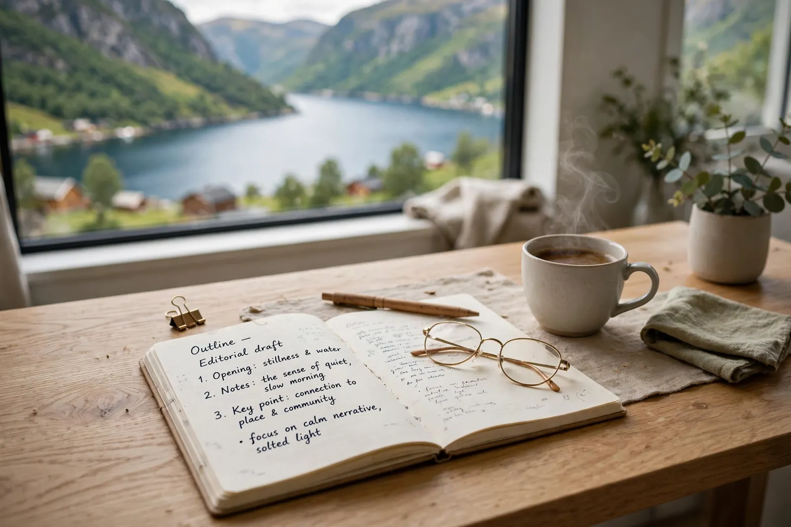 Skrivebord med notatbok og kaffe ved vindu med norsk fjordutsikt