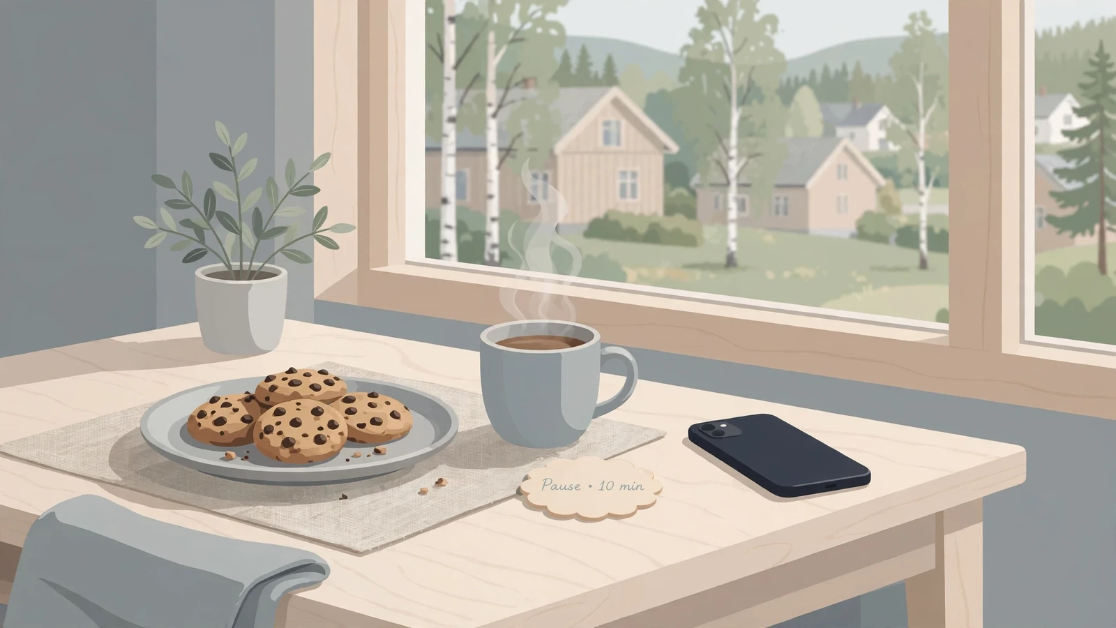 Nytraktede kjeks på en tallerken ved en kaffekopp i et skandinavisk interiør