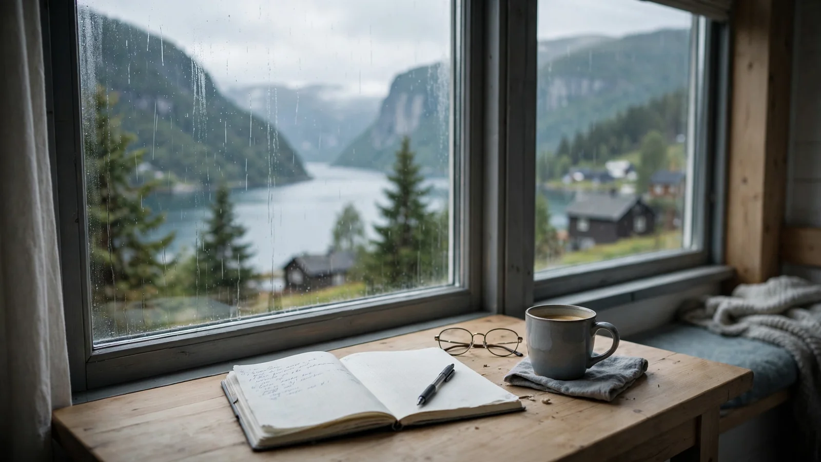 Stille nordisk stue med notatbok, kaffekopp og utsikt over en norsk fjord