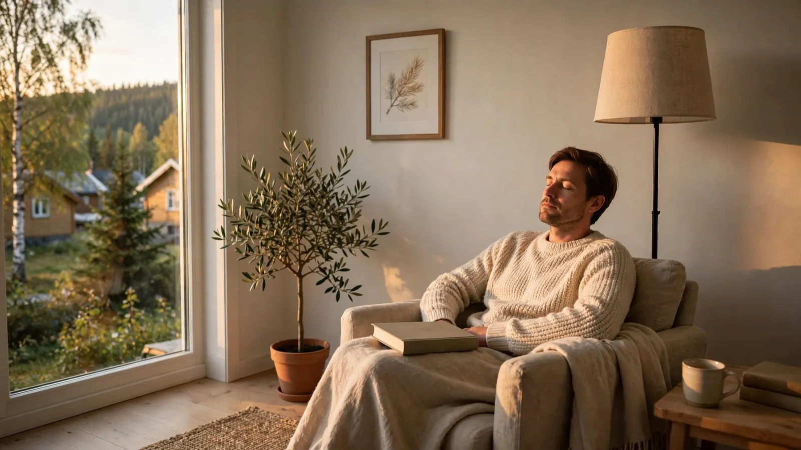 Rolig lesekrok i et skandinavisk hjem med person i lenestol