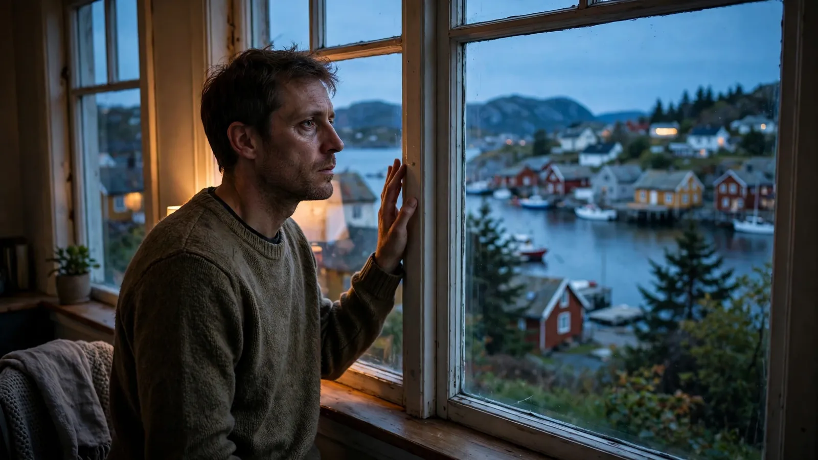 Trøtt person ved et vindu i skumringen med utsikt over en norsk kystby