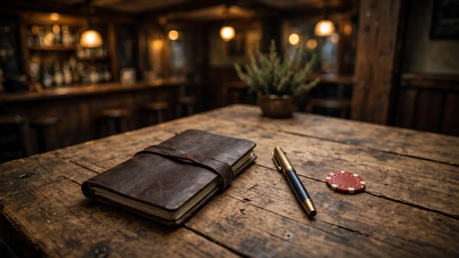 Trebord med lukket notatbok, penn og en enslig spillebrikke på en norsk pub