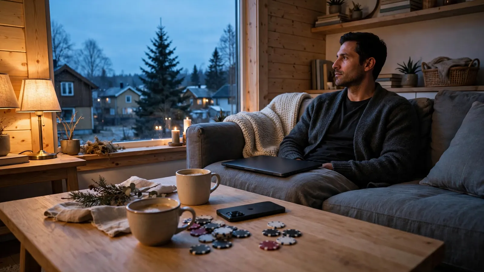 Mann ved sofabord med lukket bærbar PC og pokerbrikker i stuen