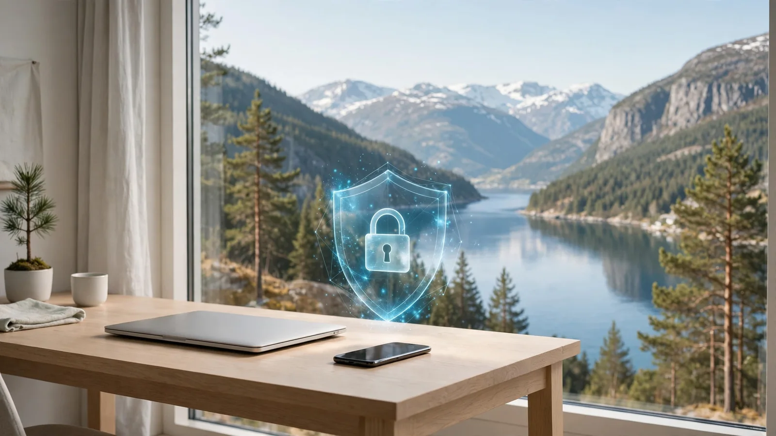 Minimalistisk skandinavisk arbeidsplass med laptop og mobil beskyttet av et holografisk skjold, norsk fjord i bakgrunnen