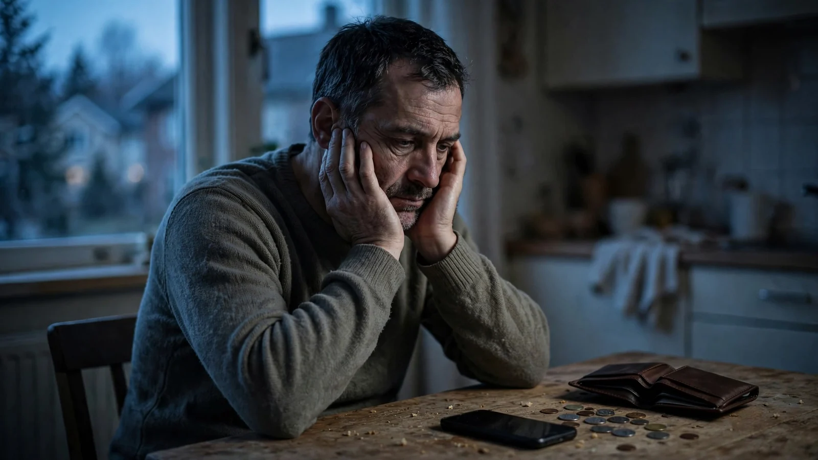 Ensom mann sitter ved kjøkkenbordet med telefonen vendt ned, tom lommebok og mynter.